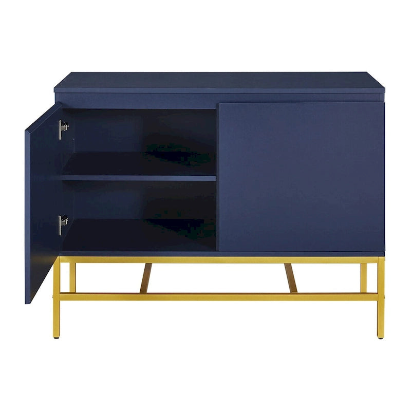 Buffet à deux portes en MDF avec coins arrondis, portes à ouverture par pression, deux étagères réglables, piétement en métal doré.
