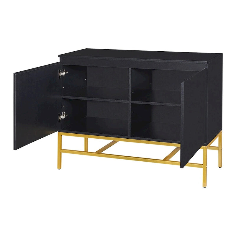 Buffet à deux portes en MDF avec coins arrondis, portes à ouverture par pression, deux étagères réglables, piétement en métal doré.