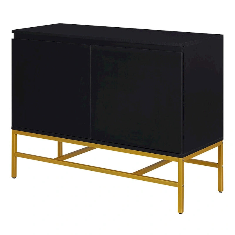 Buffet à deux portes en MDF avec coins arrondis, portes à ouverture par pression, deux étagères réglables, piétement en métal doré.
