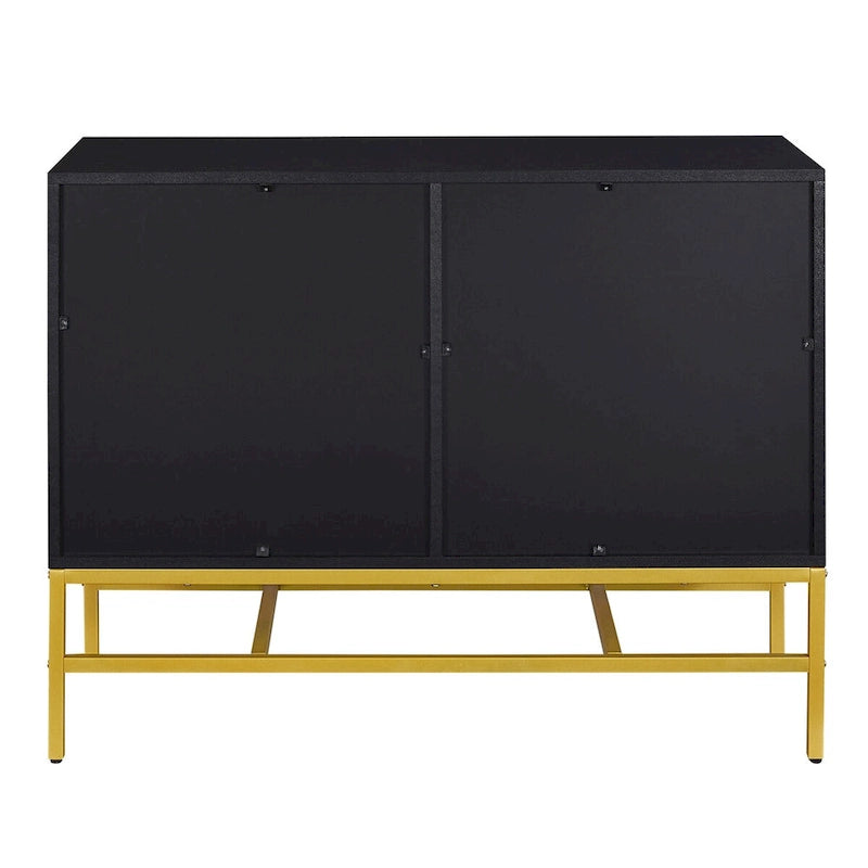 Buffet à deux portes en MDF avec coins arrondis, portes à ouverture par pression, deux étagères réglables, piétement en métal doré.
