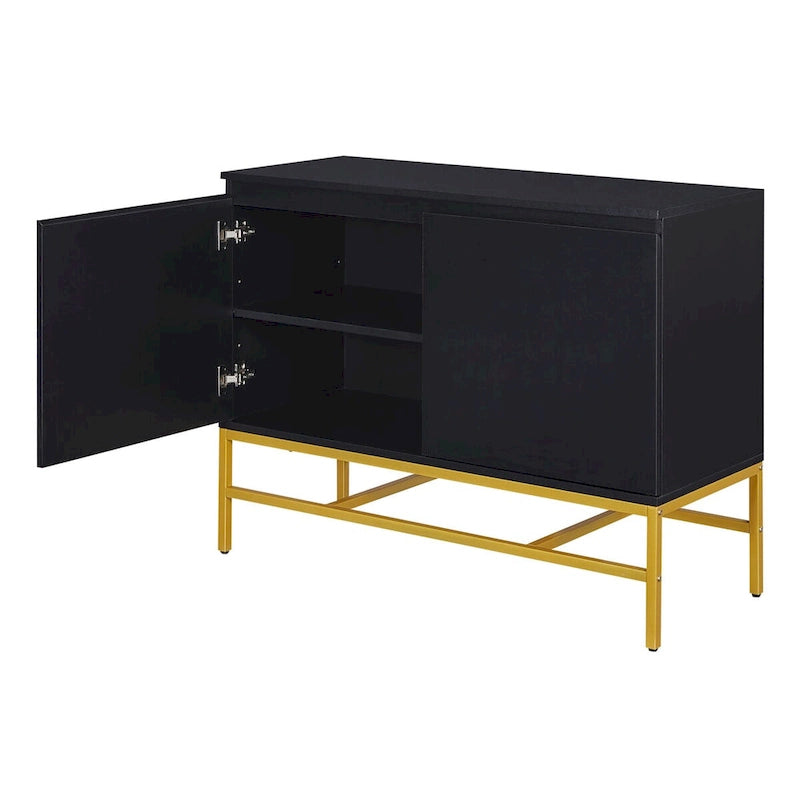 Buffet à deux portes en MDF avec coins arrondis, portes à ouverture par pression, deux étagères réglables, piétement en métal doré.