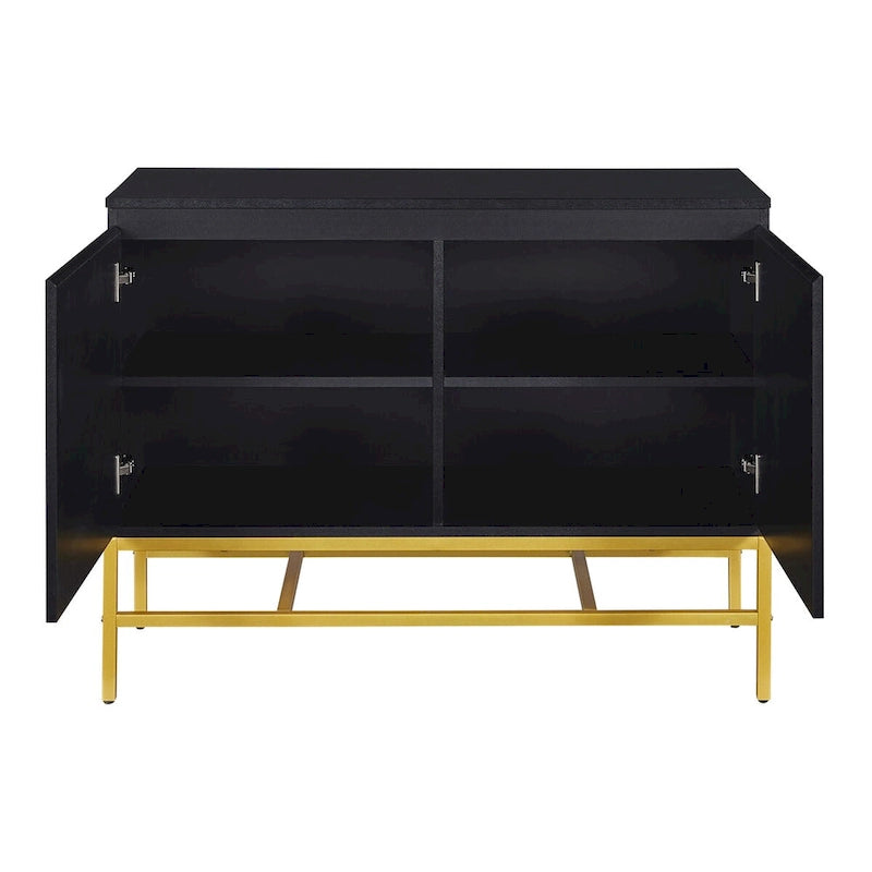 Buffet à deux portes en MDF avec coins arrondis, portes à ouverture par pression, deux étagères réglables, piétement en métal doré.