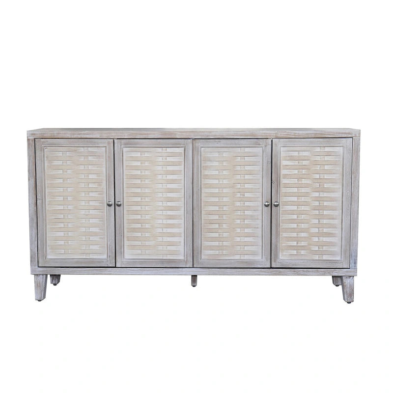Buffet quatre portes Panneaux de porte à persiennes Poignées métalliques rondes Pieds fuselés Étagères réglables Bois de sapin MDF Finition blanchie naturelle