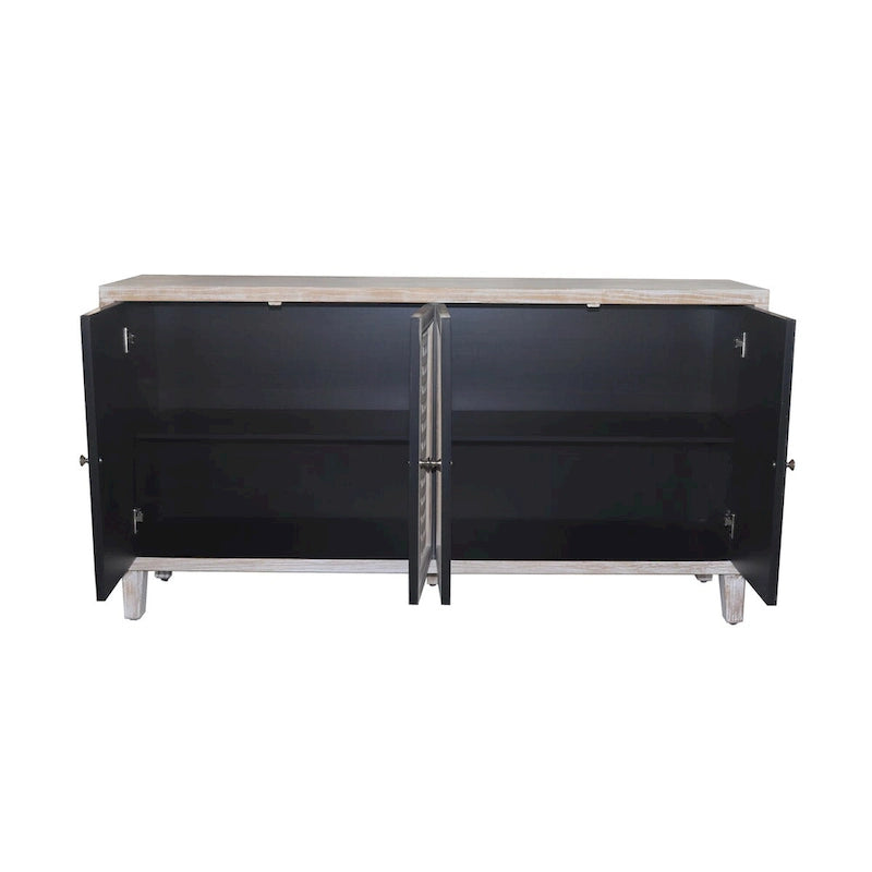 Buffet quatre portes Panneaux de porte à persiennes Poignées métalliques rondes Pieds fuselés Étagères réglables Bois de sapin MDF Finition blanchie naturelle