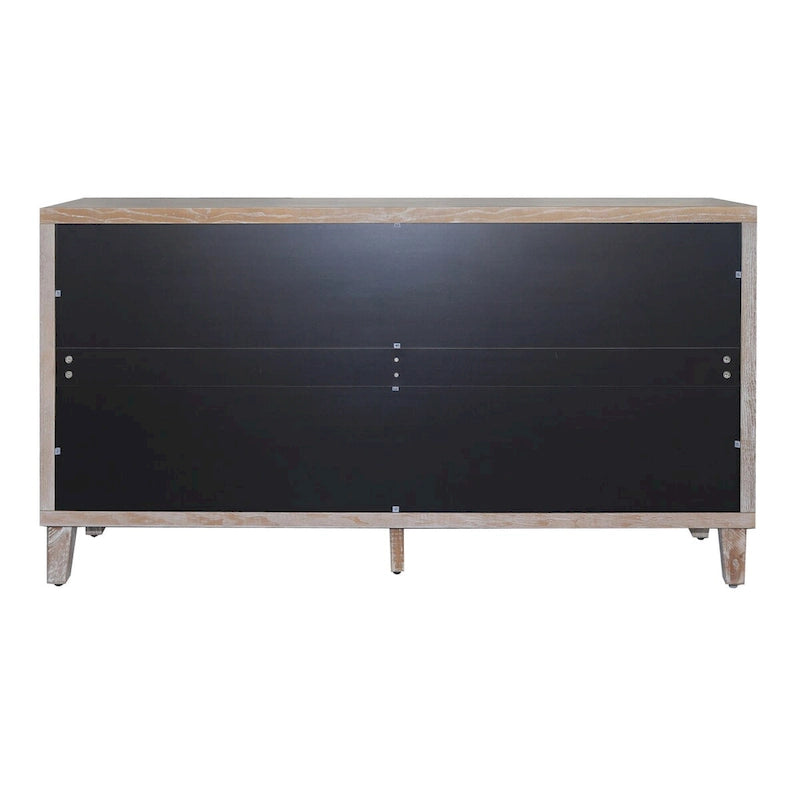 Buffet quatre portes Panneaux de porte à persiennes Poignées métalliques rondes Pieds fuselés Étagères réglables Bois de sapin MDF Finition blanchie naturelle