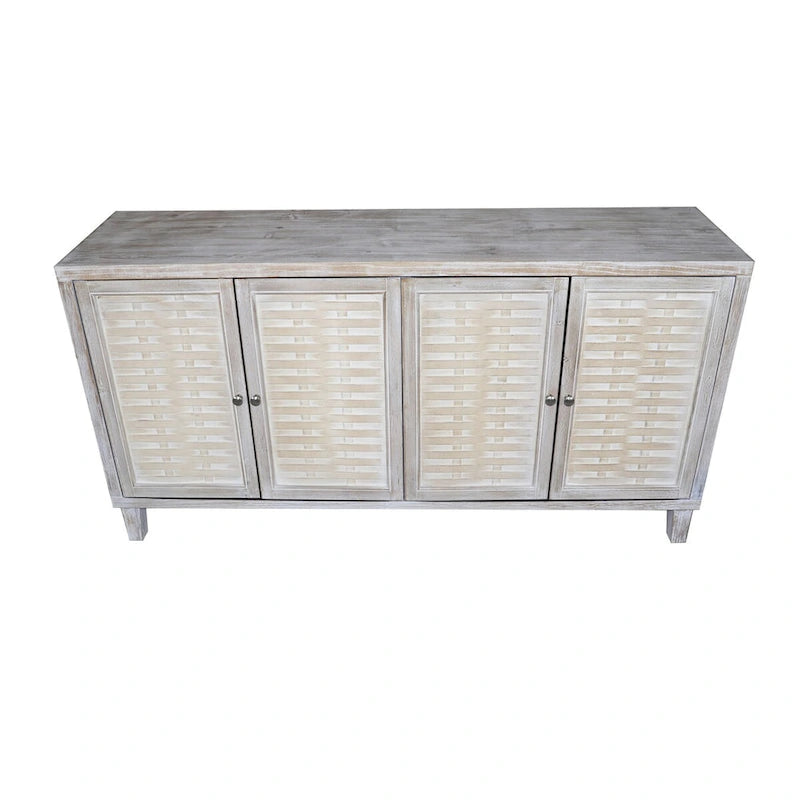 Buffet quatre portes Panneaux de porte à persiennes Poignées métalliques rondes Pieds fuselés Étagères réglables Bois de sapin MDF Finition blanchie naturelle
