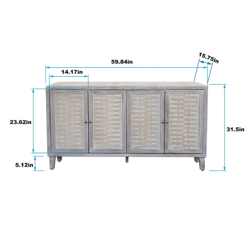 Buffet quatre portes Panneaux de porte à persiennes Poignées métalliques rondes Pieds fuselés Étagères réglables Bois de sapin MDF Finition blanchie naturelle