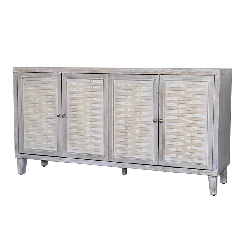 Buffet quatre portes Panneaux de porte à persiennes Poignées métalliques rondes Pieds fuselés Étagères réglables Bois de sapin MDF Finition blanchie naturelle
