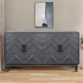Buffet quatre portes Panneaux de porte en bois de chevron Poignées de barre noires Pieds coniques Fini gris foncé antique vieilli Patins de protection pour le sol