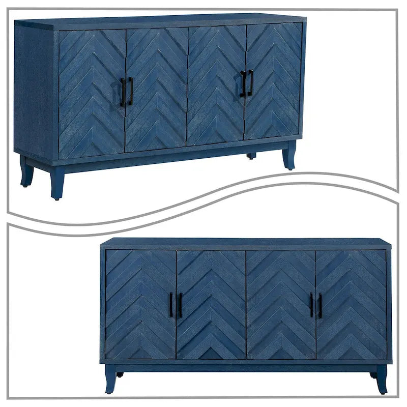 Buffet quatre portes Panneaux de porte en bois de chevron Poignées de barre noires Pieds coniques Fini gris foncé antique vieilli Patins de protection pour le sol