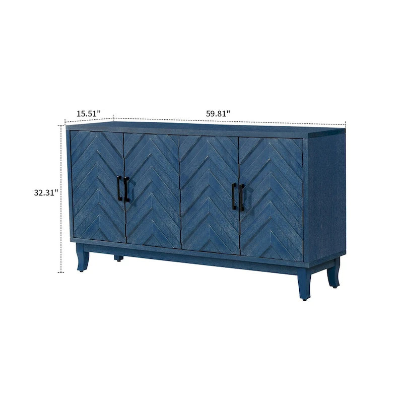 Buffet quatre portes Panneaux de porte en bois de chevron Poignées de barre noires Pieds coniques Fini gris foncé antique vieilli Patins de protection pour le sol