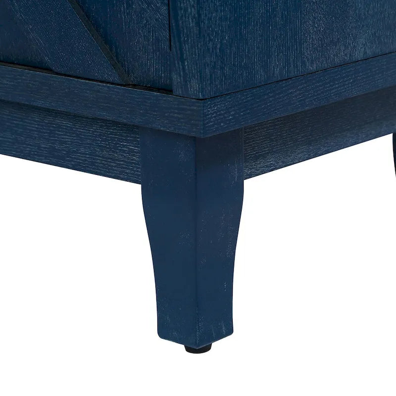 Buffet quatre portes Panneaux de porte en bois de chevron Poignées de barre noires Pieds coniques Fini gris foncé antique vieilli Patins de protection pour le sol
