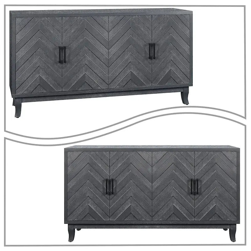 Buffet quatre portes Panneaux de porte en bois de chevron Poignées de barre noires Pieds coniques Fini gris foncé antique vieilli Patins de protection pour le sol