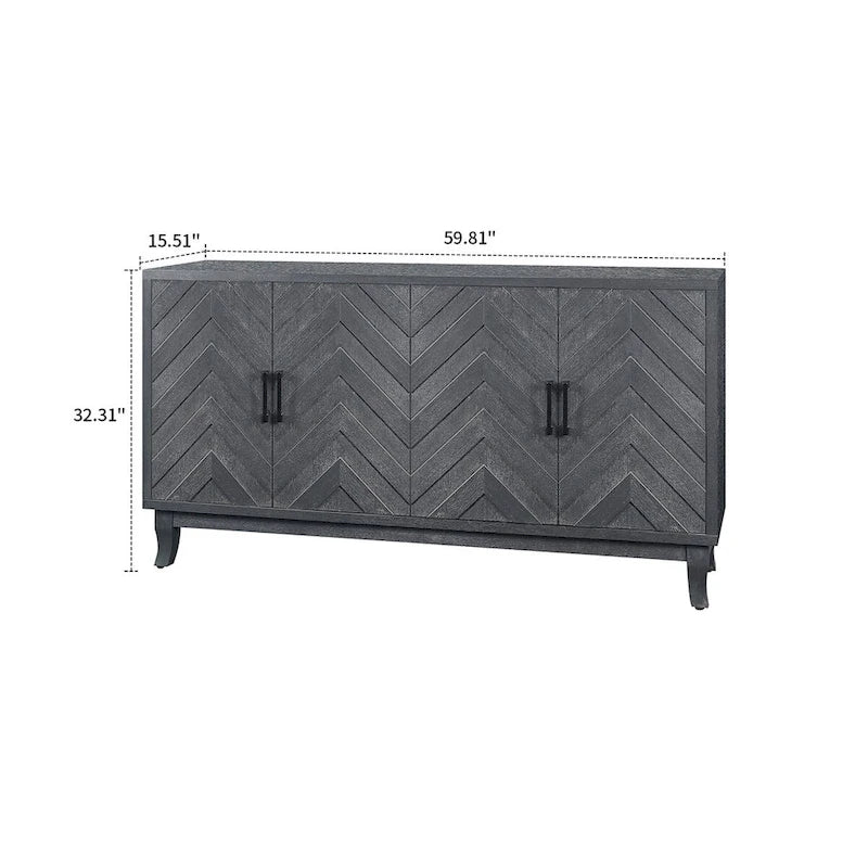 Buffet quatre portes Panneaux de porte en bois de chevron Poignées de barre noires Pieds coniques Fini gris foncé antique vieilli Patins de protection pour le sol
