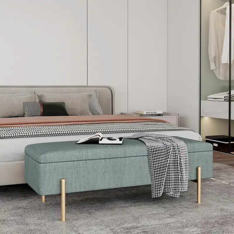 Banc de rangement ottoman en chenille verte avec couvercle à charnières de sécurité doubles et pieds en métal doré