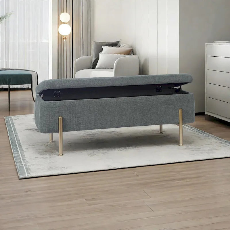 Banc de rangement ottoman en chenille verte avec couvercle à charnières de sécurité doubles et pieds en métal doré