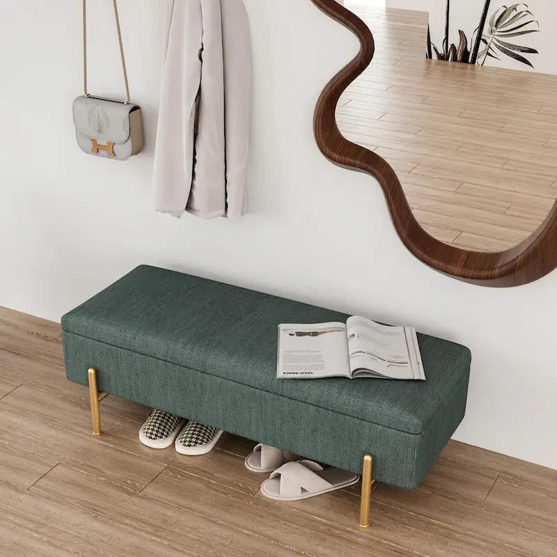 Banc de rangement ottoman en chenille verte avec couvercle à charnières de sécurité doubles et pieds en métal doré