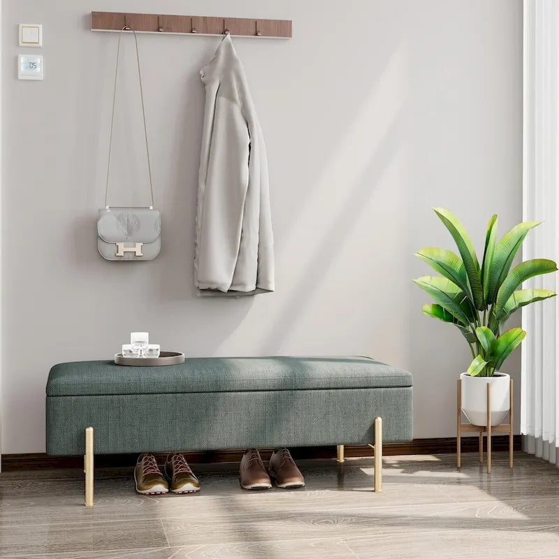 Banc de rangement ottoman en chenille verte avec couvercle à charnières de sécurité doubles et pieds en métal doré