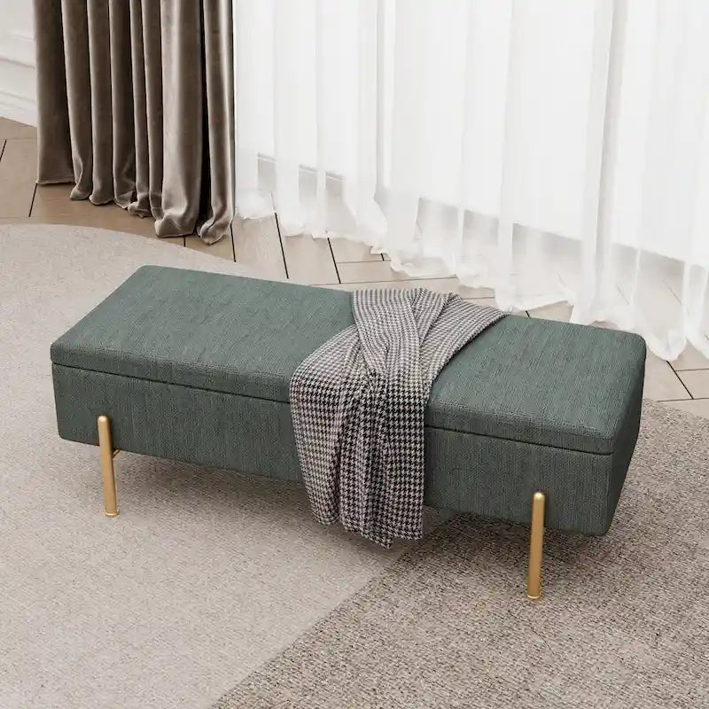 Banc de rangement ottoman en chenille verte avec couvercle à charnières de sécurité doubles et pieds en métal doré