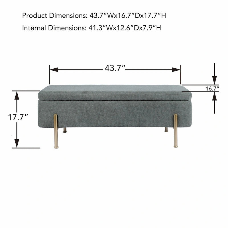 Banc de rangement ottoman en chenille verte avec couvercle à charnières de sécurité doubles et pieds en métal doré