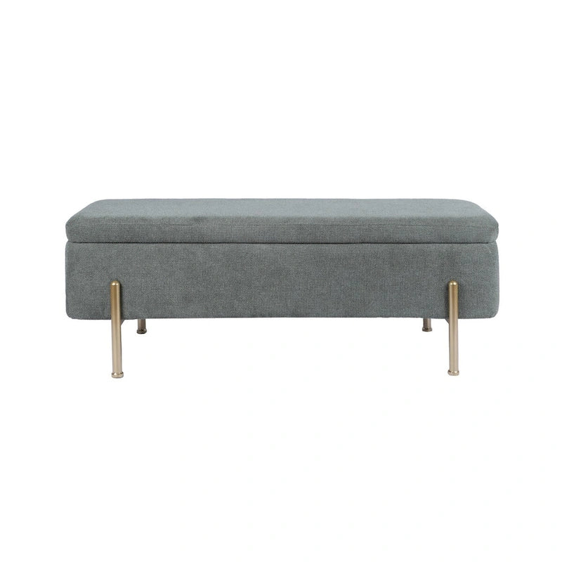 Banc de rangement ottoman en chenille verte avec couvercle à charnières de sécurité doubles et pieds en métal doré