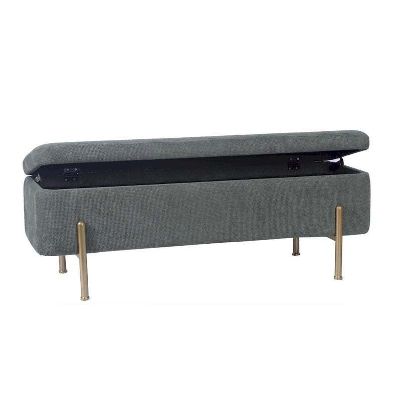 Banc de rangement ottoman en chenille verte avec couvercle à charnières de sécurité doubles et pieds en métal doré