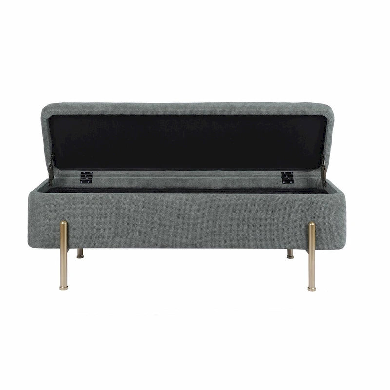 Banc de rangement ottoman en chenille verte avec couvercle à charnières de sécurité doubles et pieds en métal doré