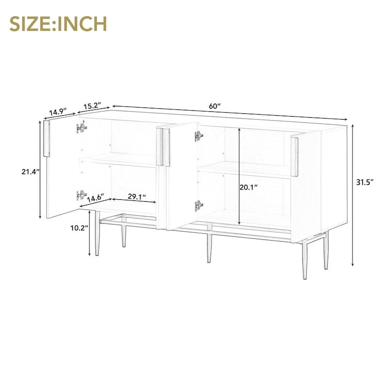 Buffet quatre portes Panneaux de porte cannelés à rayures verticales Poignées de barre dorées Base en métal doré Étagères réglables Plateau en panneaux de particules MDF