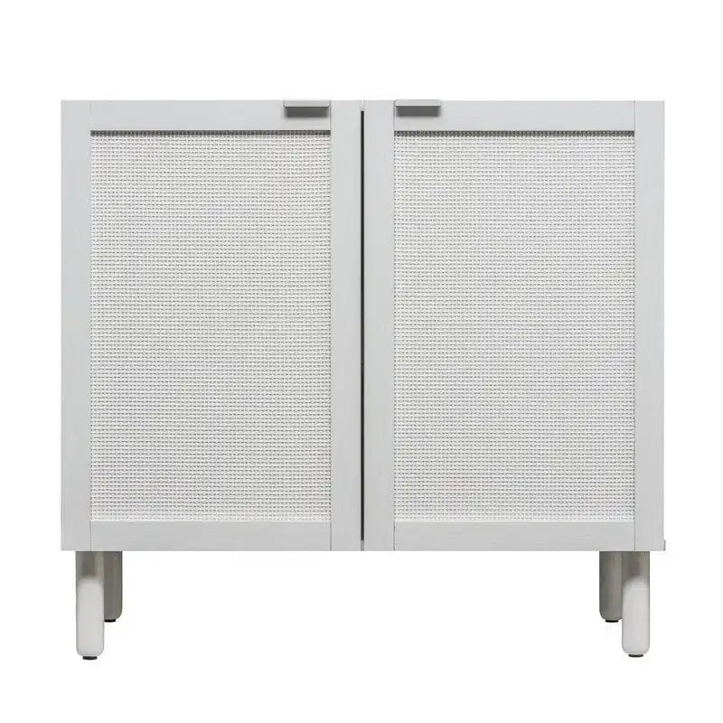 Armoire à deux portes Panneaux de porte en rotin synthétique Quincaillerie avec tirette Un tiroir réglable Pieds cylindriques en bois massif Plateau en MDF blanc