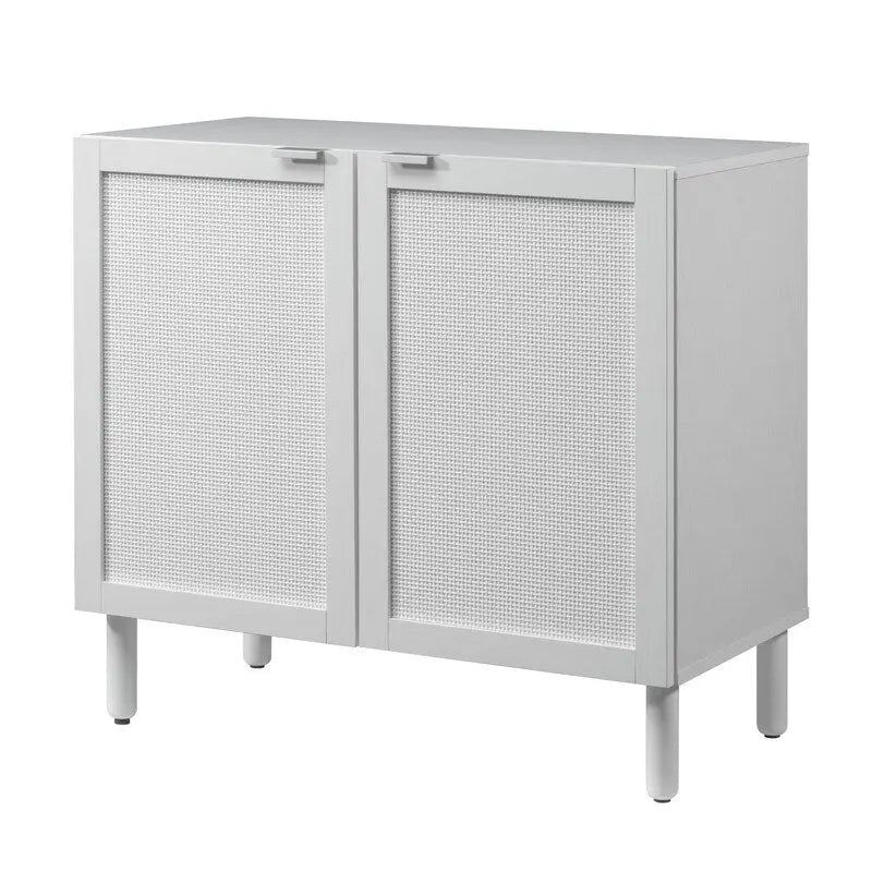 Armoire à deux portes Panneaux de porte en rotin synthétique Quincaillerie avec tirette Un tiroir réglable Pieds cylindriques en bois massif Plateau en MDF blanc