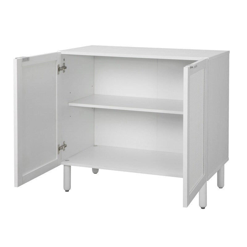 Armoire à deux portes Panneaux de porte en rotin synthétique Quincaillerie avec tirette Un tiroir réglable Pieds cylindriques en bois massif Plateau en MDF blanc
