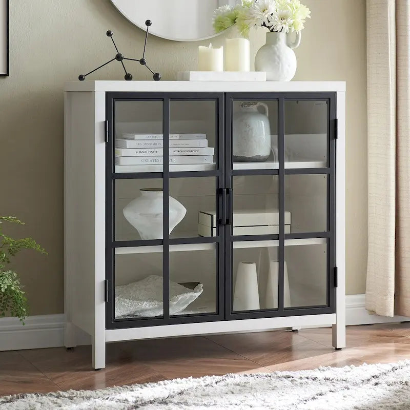 Meuble d'appoint de 80 cm Deux portes vitrées style Crittall Étagères réglables Passe-câbles MDF Acier Finition aspect bois