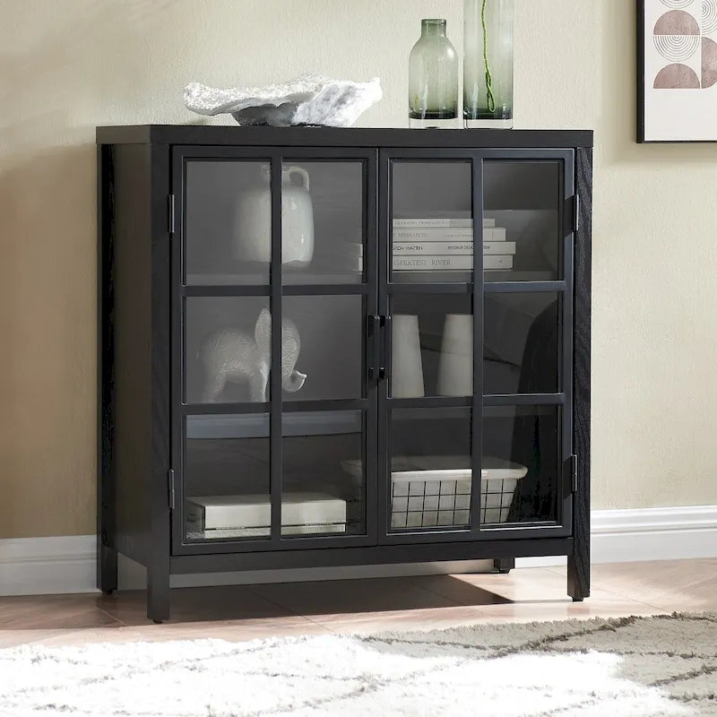 Meuble d'appoint de 80 cm Deux portes vitrées style Crittall Étagères réglables Passe-câbles MDF Acier Finition aspect bois