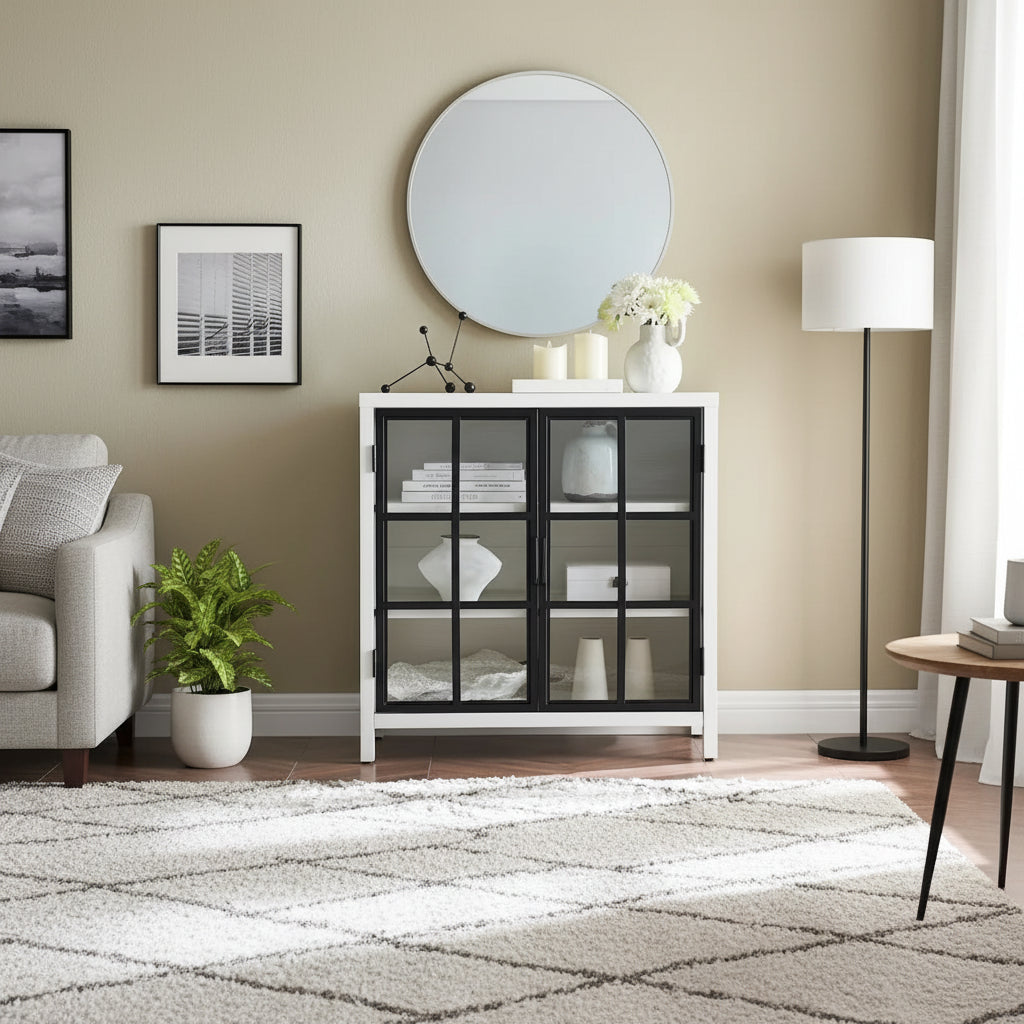Meuble d'appoint de 80 cm Deux portes vitrées style Crittall Étagères réglables Passe-câbles MDF Acier Finition aspect bois
