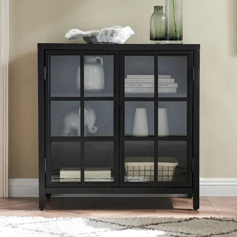 Meuble d'appoint de 80 cm Deux portes vitrées style Crittall Étagères réglables Passe-câbles MDF Acier Finition aspect bois