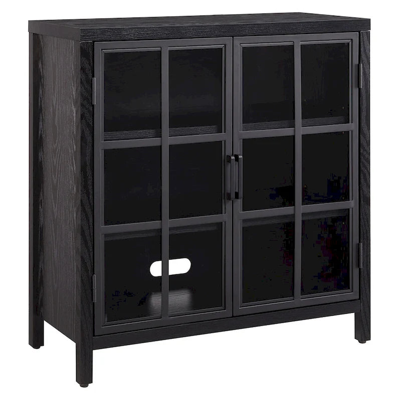 Meuble d'appoint de 80 cm Deux portes vitrées style Crittall Étagères réglables Passe-câbles MDF Acier Finition aspect bois
