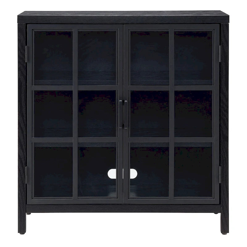 Meuble d'appoint de 80 cm Deux portes vitrées style Crittall Étagères réglables Passe-câbles MDF Acier Finition aspect bois