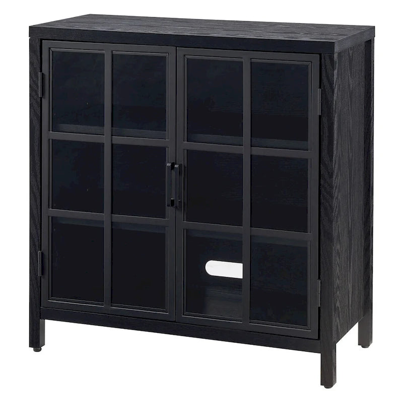 Meuble d'appoint de 80 cm Deux portes vitrées style Crittall Étagères réglables Passe-câbles MDF Acier Finition aspect bois