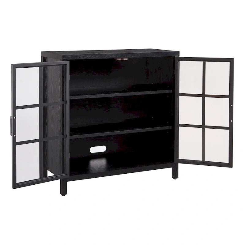 Meuble d'appoint de 80 cm Deux portes vitrées style Crittall Étagères réglables Passe-câbles MDF Acier Finition aspect bois
