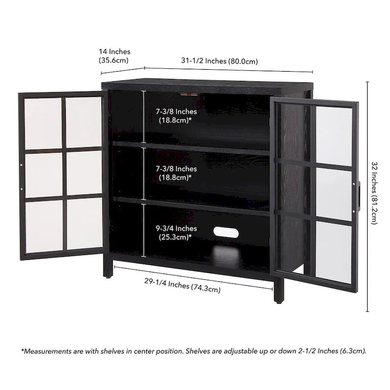 Meuble d'appoint de 80 cm Deux portes vitrées style Crittall Étagères réglables Passe-câbles MDF Acier Finition aspect bois