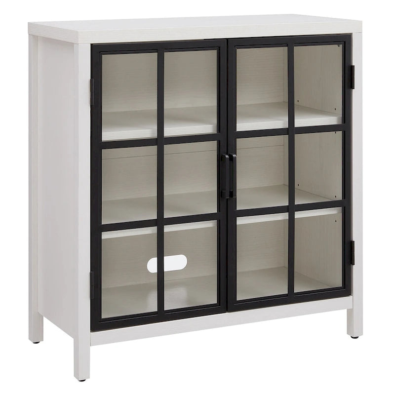 Meuble d'appoint de 80 cm Deux portes vitrées style Crittall Étagères réglables Passe-câbles MDF Acier Finition aspect bois