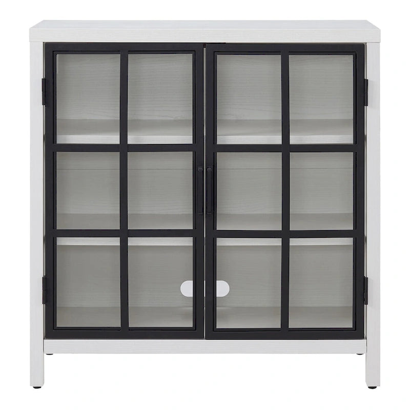 Meuble d'appoint de 80 cm Deux portes vitrées style Crittall Étagères réglables Passe-câbles MDF Acier Finition aspect bois