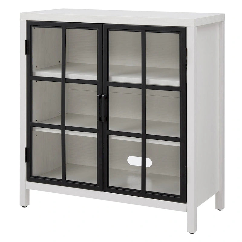 Meuble d'appoint de 80 cm Deux portes vitrées style Crittall Étagères réglables Passe-câbles MDF Acier Finition aspect bois