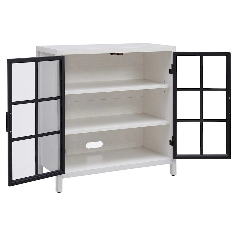 Meuble d'appoint de 80 cm Deux portes vitrées style Crittall Étagères réglables Passe-câbles MDF Acier Finition aspect bois