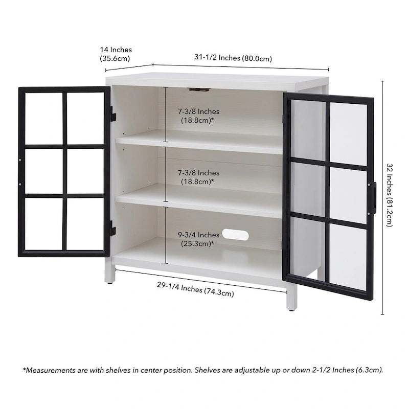 Meuble d'appoint de 80 cm Deux portes vitrées style Crittall Étagères réglables Passe-câbles MDF Acier Finition aspect bois