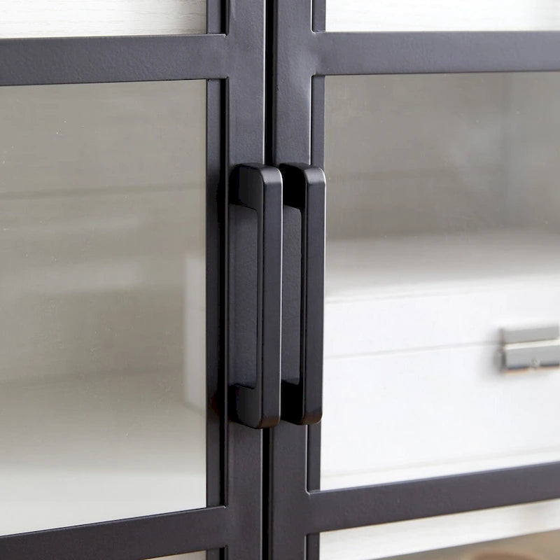 Meuble d'appoint de 80 cm Deux portes vitrées style Crittall Étagères réglables Passe-câbles MDF Acier Finition aspect bois