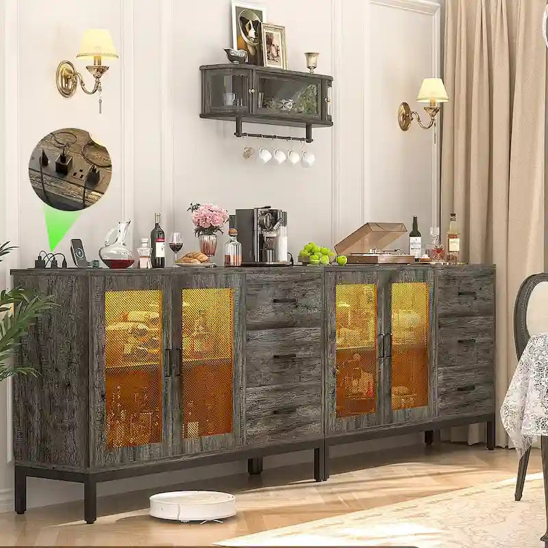Buffet vaisselier trois tiroirs porte grillagée étagère réglable multiprise intégrée lumières LED RVB Bois composite E1 Supports métalliques