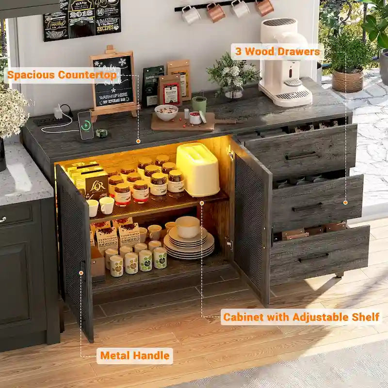 Buffet vaisselier trois tiroirs porte grillagée étagère réglable multiprise intégrée lumières LED RVB Bois composite E1 Supports métalliques