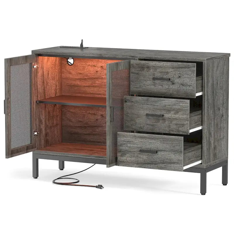 Buffet vaisselier trois tiroirs porte grillagée étagère réglable multiprise intégrée lumières LED RVB Bois composite E1 Supports métalliques