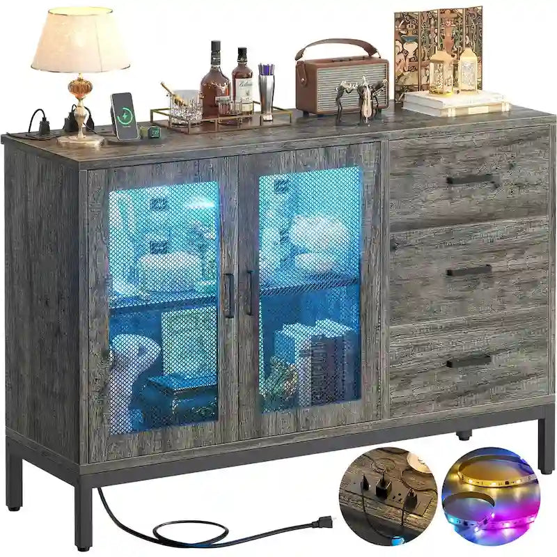 Buffet vaisselier trois tiroirs porte grillagée étagère réglable multiprise intégrée lumières LED RVB Bois composite E1 Supports métalliques